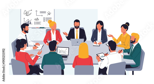 Diverse business professionals collaborating in a productive meeting.