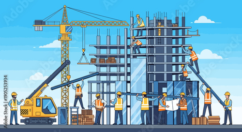 Workers and heavy machinery actively build a modern high-rise on a construction site.