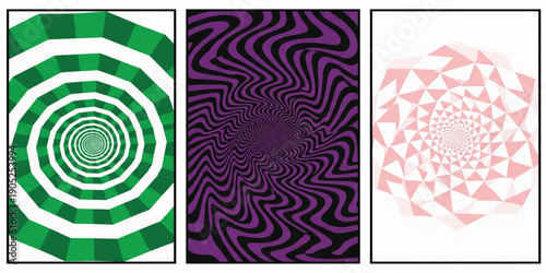 Abstract Geometric Optical Background Set with Concentric Circles, Wavy Vortex Lines, and Polygonal Spiral Patterns for Modern Posters and Digital Design