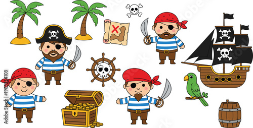 Cute pirate boy characters and nautical elements vector set with treasure chest, ship and island icons