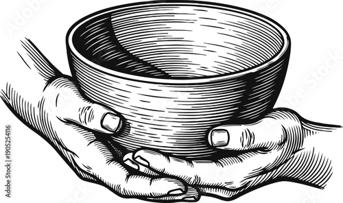 Hands holding an empty bowl vintage black and white woodcut illustration