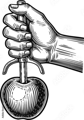 Hand gripping dagger sharp knife stabbing apple in vintage monochrome engraving