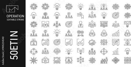 Business Operations and Strategy Line Icon Set with Management, Teamwork, Analytics, Innovation, Planning, and Productivity Symbols for Corporate Web and App Design