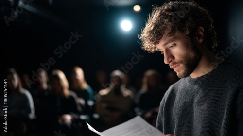 Theater actor rehearsing script on stage in front of an audience