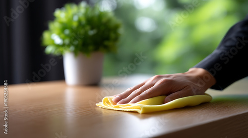 A close-up view of a hand wiping down a wooden table with a yellow cloth