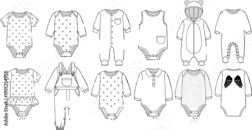 Baby Clothes Collection Vector Infant Bodysuits Romper Onesie Set Newborn Apparel Line Art Cute Kids Fashion Illustration Isolated