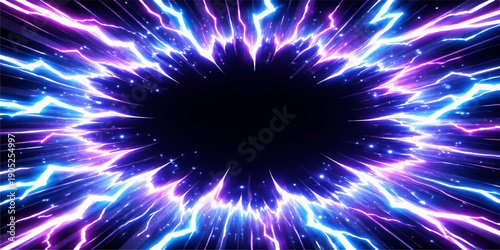 A vibrant abstract blue background features a glowing fractal design where a bright neon energy burst meets purple stars and light patterns in a cosmic space motion illustration