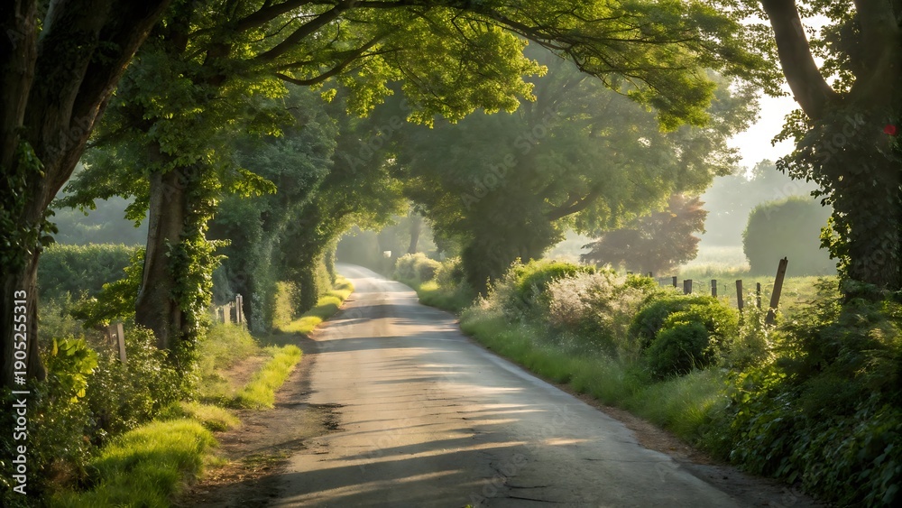 Obraz premium Tree lined country road bathed in golden morning sunlight