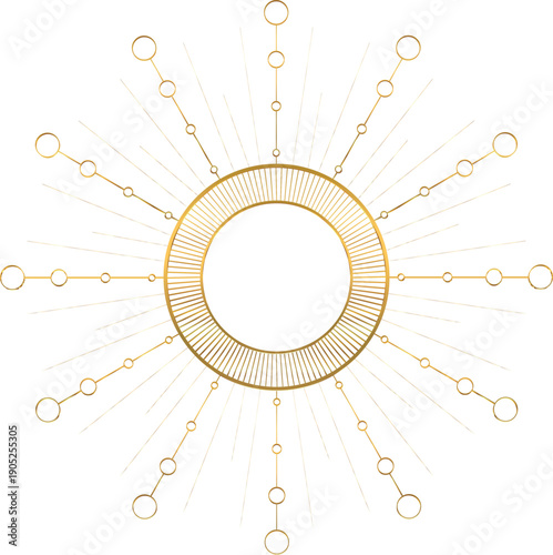 Esoteric Eucharistic Golden Circle: Radiant Gold Circular Ornament with Elegant Sparkles, Mystic Host Intertwined in Divine Rays and Occult Symbolism for Sacred Jewelry