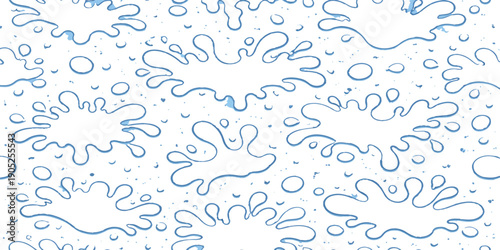 Seamless floral vector pattern featuring blue flowers and hearts with splashing water drops and fresh liquid waves in a clean winter nature illustration