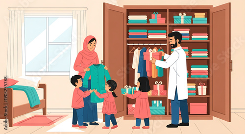 Family Organizing and Storing Clothes in a Wardrobe, Preparing for a New Season