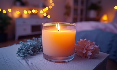 Glowing candle in a glass jar with soft romantic fairy lights in background