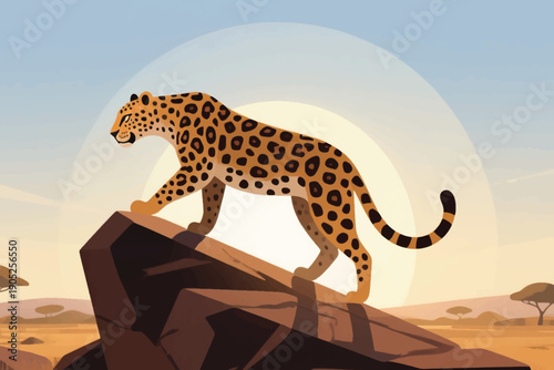 Leopard standing on rock in savannah at sunset, warm glow, sparse trees, and dramatic wildlife atmosphere.