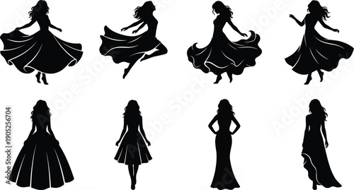 Elegant woman dancing silhouette collection featuring flowing dresses, feminine motion poses, fashion beauty concept, black vector illustration isolated background