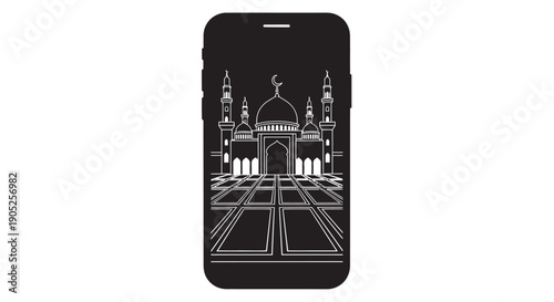 Smartphone screen displaying Taj Mahal illustration in monochrome style