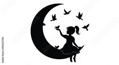 15 Single Words girl, moon, bird, silhouette, fantasy, dream, childhood, magic, crescent, flying, nocturnal, fairy, wonder, vector, isolated