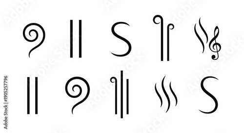 Abstract black musical symbols and swirl line art icons set featuring treble clef, spiral flourishes, wave patterns, and decorative elements for creative design.