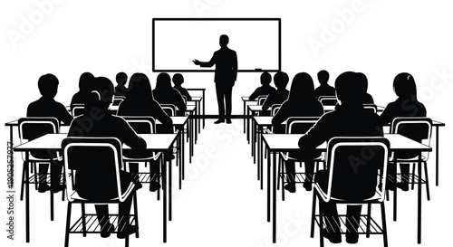 Black and white silhouette of a teacher leading a classroom of students representing education learning school environment lecture training seminar and academic growth