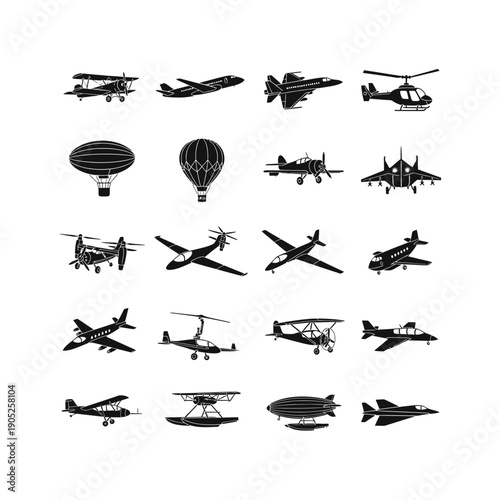 Collection of various aircraft silhouettes including airplanes, helicopters, and hot air balloons.