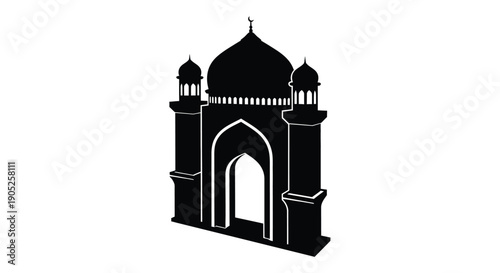 Taj Mahal silhouette with arched entrance and domes on white background