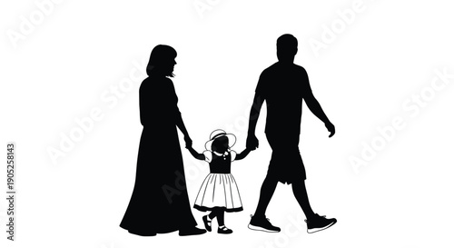 Black silhouette of a happy family with father mother and small daughter walking together holding hands representing love parenting and childhood unity