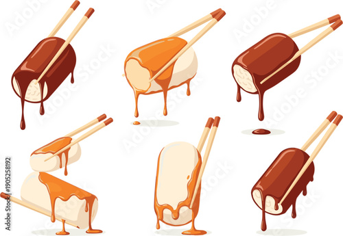 Melting chocolate and caramel ice cream bars collection with dripping glaze isolated flat vector illustration set