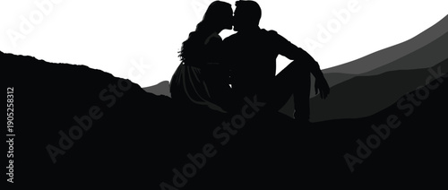 Black silhouette of a romantic couple kissing while sitting on a mountain peak during sunset representing love travel adventure and scenic nature