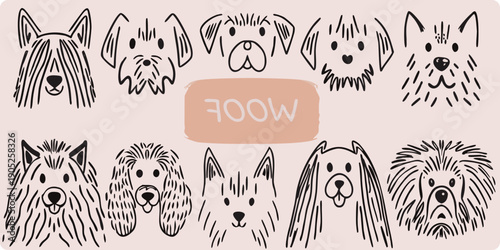 A collection of whimsical hand drawn dog portraits in a neutral palette