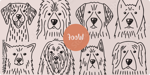Line art illustration of various dog breeds arranged in a grid pattern