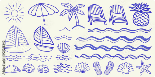 Hand drawn summer doodles featuring beach and tropical elements