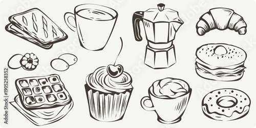 A sketched collection of breakfast items including pastries coffee and fruit