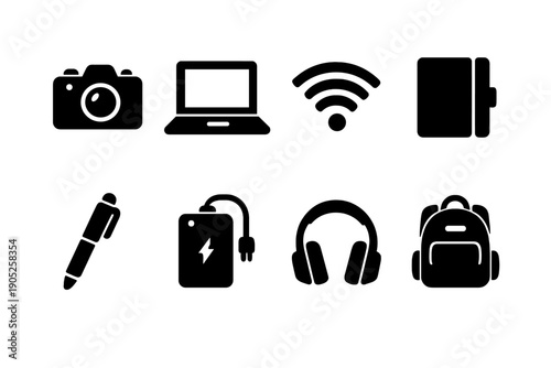 Travel Blogger Icons. Travel blogging essentials. Filled icon set of Travel blogging essentials: camera,