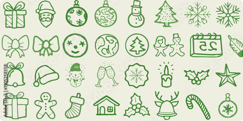 Collection of hand drawn green christmas icons and festive holiday symbols
