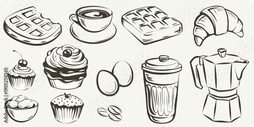 A collection of hand drawn breakfast pastries and hot beverages
