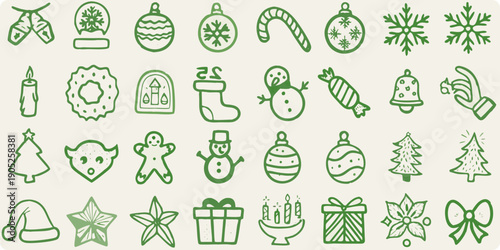 Collection of hand drawn green christmas ornaments and festive holiday icons