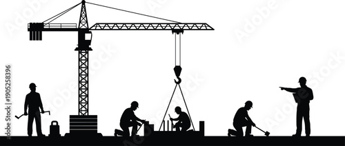 Black silhouette of construction workers operating heavy machinery with a tower crane on an industrial building site for urban real estate development projects.