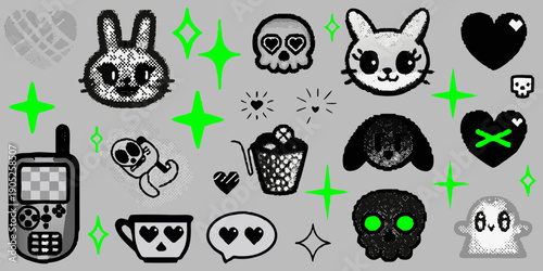 Collection of quirky pixelated stickers featuring skulls animals and objects
