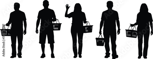 Black silhouette set of people carrying shopping baskets, diverse men and women shoppers standing, walking, and waving in retail store or supermarket.