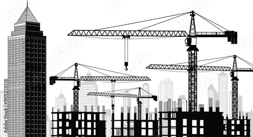 Black silhouette of urban construction site with industrial cranes, high rise skyscrapers, city skyline buildings, civil engineering projects, and metropolitan real estate development.