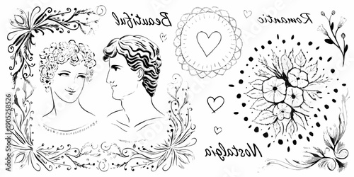 Vintage romantic sticker sheet with portraits flowers and heart motifs