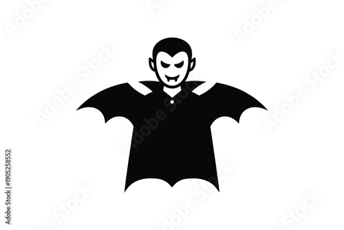 Vampire in bat costume. black silhouette with fangs and cape for halloween or gothic themes