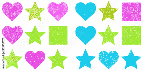 Colorful geometric shapes arranged in rows hearts stars and squares