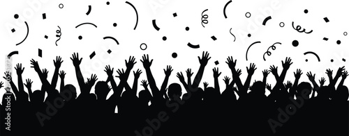 Black Silhouette Vector Illustration of a Cheerful Crowd with Raised Hands and Falling Confetti for Party Celebration Festival Concert and Event Designs