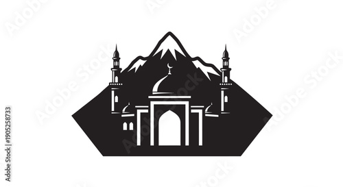 Ancient Temple Gateway with Mountains Silhouette in Minimalist Black and White Design