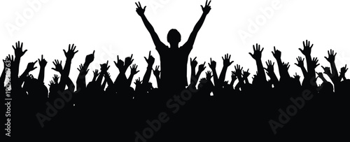 Black Silhouette Vector Illustration of a Person with Raised Arms Cheering Above a Large Group of Hands at a Music Concert Festival,