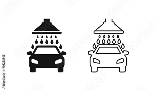 Black and white car wash icons with umbrella and raindrops on top, simple vector illustration for car wash or rain protection concept