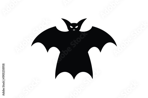 Scary vampire bat silhouette with wings spread and sharp fangs isolated on white background for halloween art