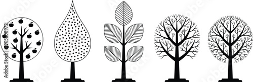 Black, and, white, vector, illustration, of, decorative, tree, icons, with, apple, leaf, and, geometric, patterns, for, nature, branding, garden, and, environment, designs