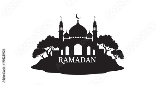Ramadan mosque silhouette with crescent moon and trees on white background