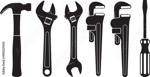 Black and white illustration of various hand tools on a white background